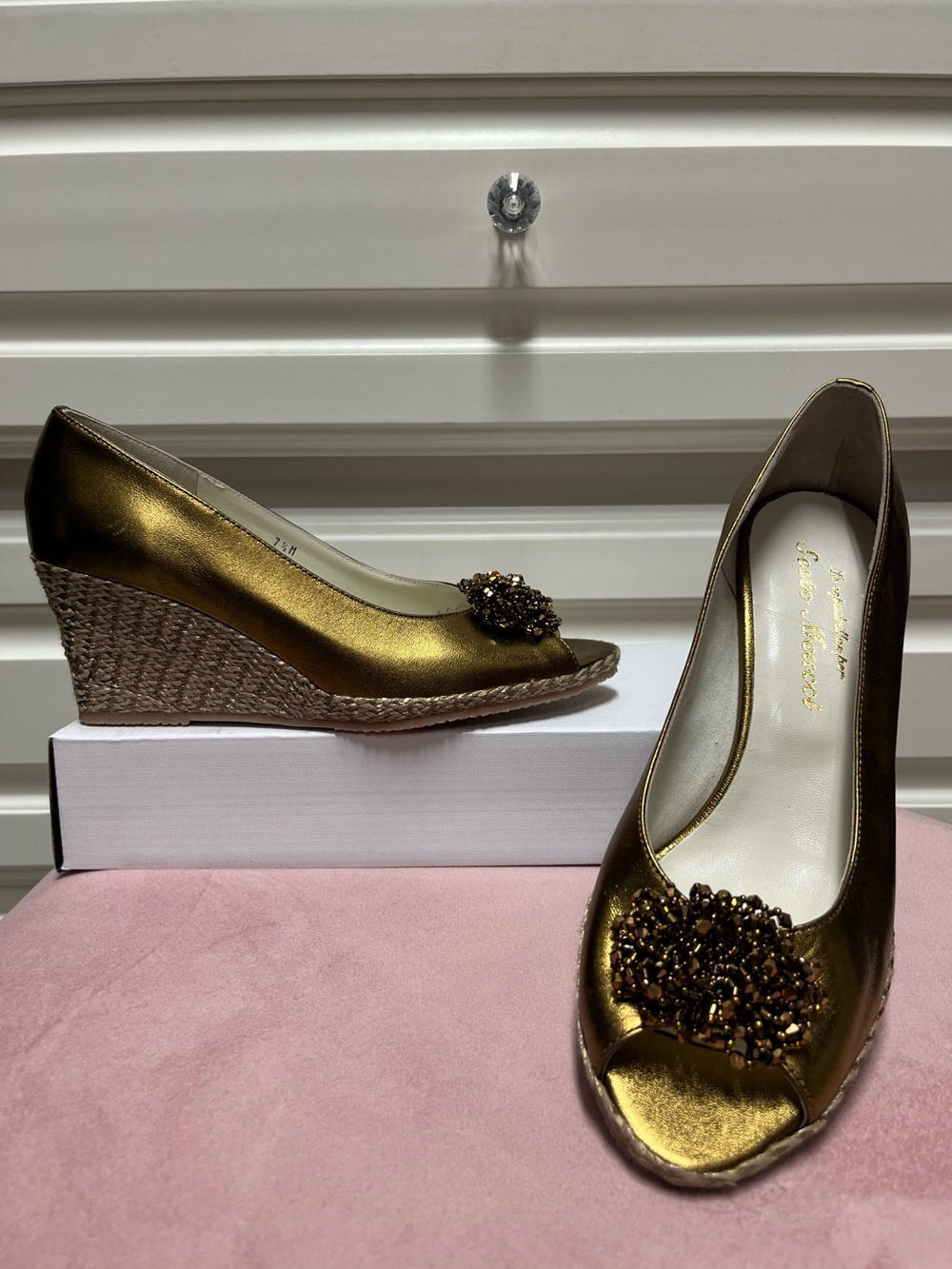 New Sesto Meucci Bronze Espadrille PeepToe Wedge Beaded Accent 7.5 2.5" Heel